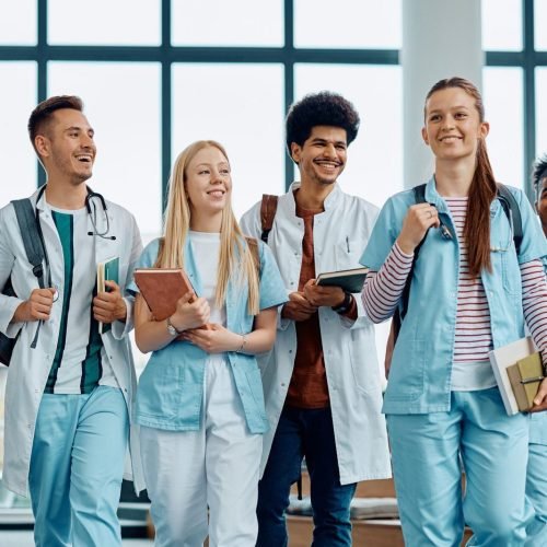 Multiracial group of happy medical students at the university.